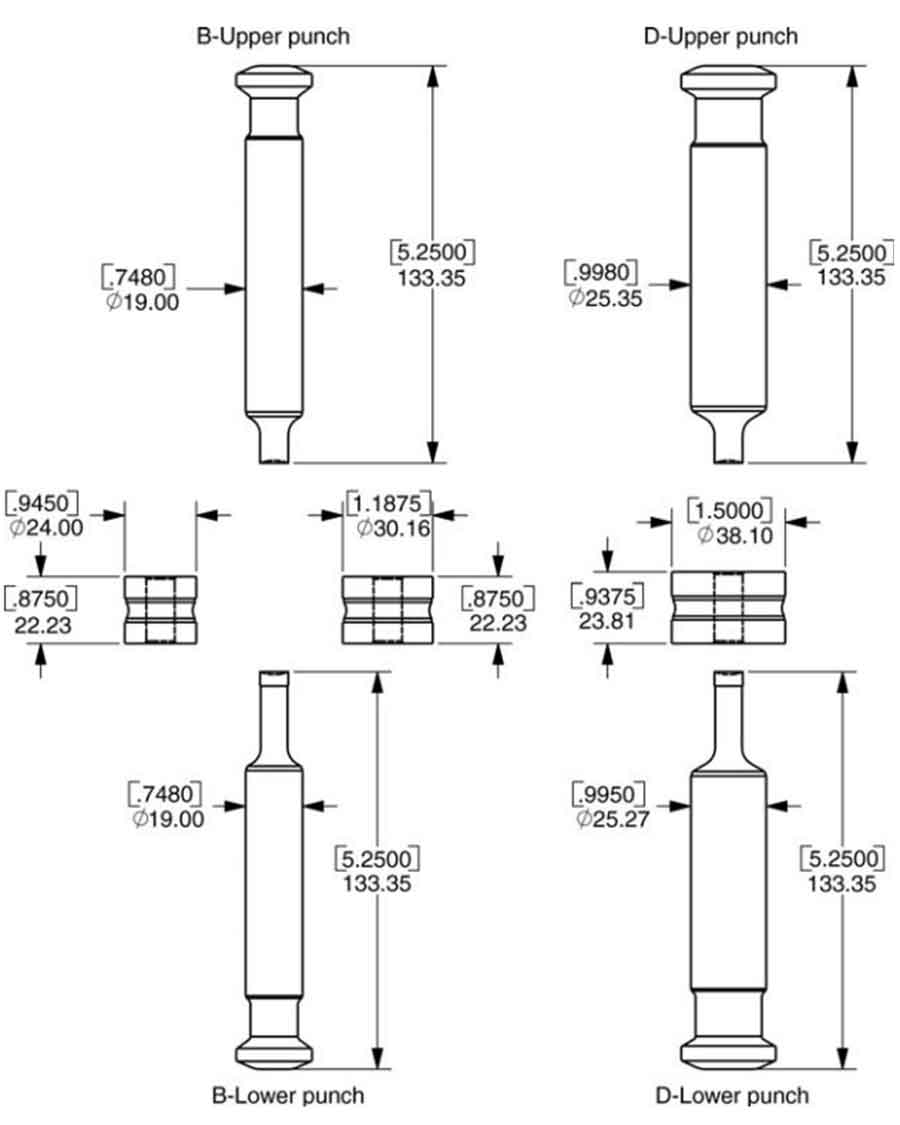 Tablet press: A drawing showing the differences between the B and D tool configurations